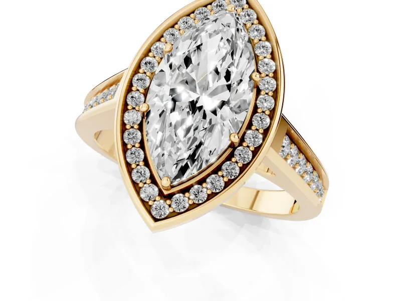 Marquise Cut Diamond Halo Solitaire Ring Set in Yellow gold with Pavé Band and Bezel Setting
