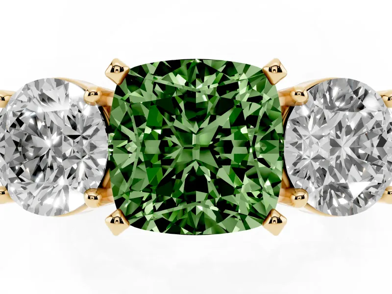 Cushion Cut Three Stone Engagement Ring Setting for a Fancy Green Lab-Grown Diamond | Wide Plain Band | Yellow Gold