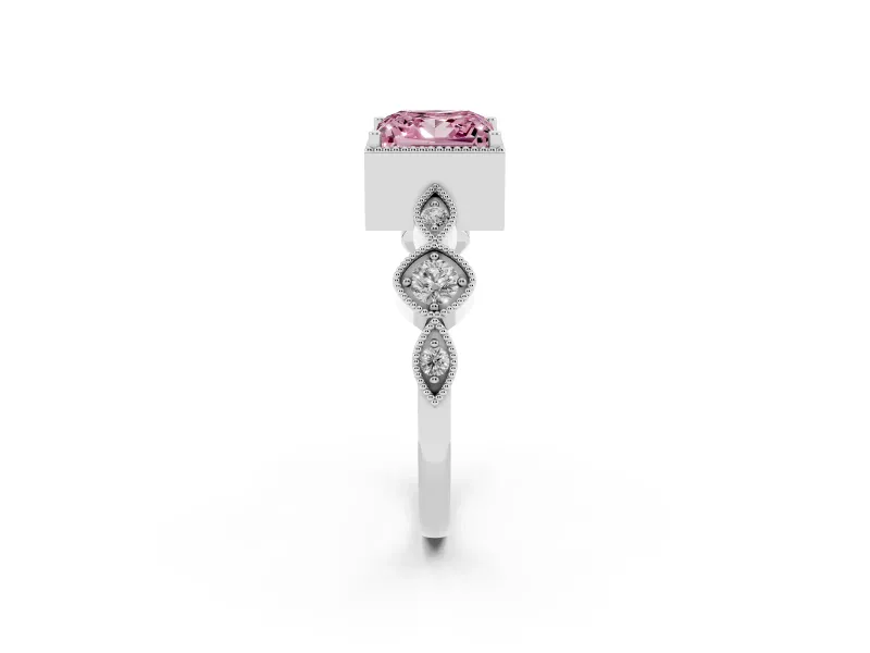 Fancy Pink Princess Cut Diamond Vintage-Inspired Milgrain Ring Set in White gold with Marquise Stations of Round Accents
