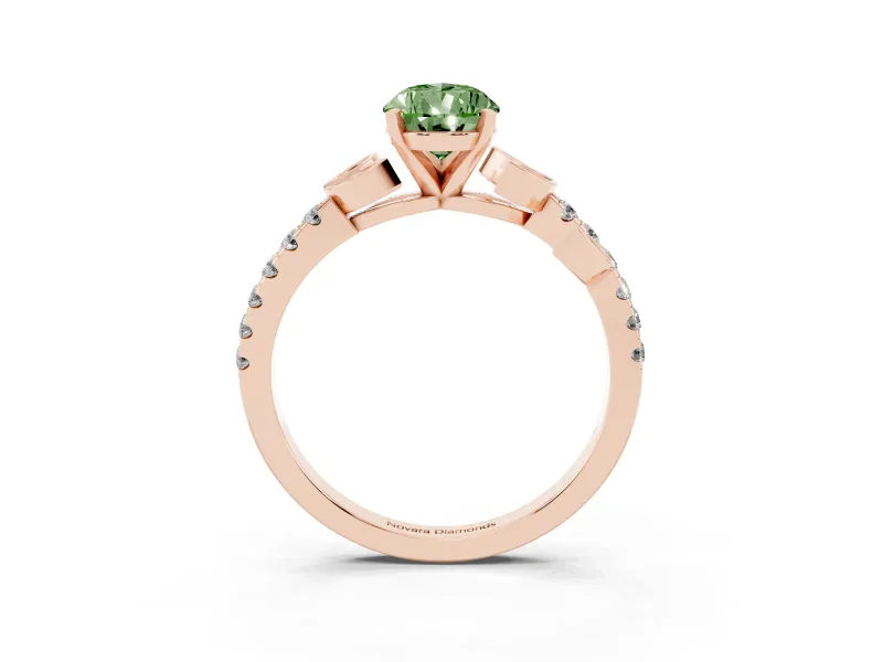 Fancy Green Pear Cut Diamond Solitaire Leaf-Inspired Ring Set in Rose gold with Pavé Band and Prong Setting