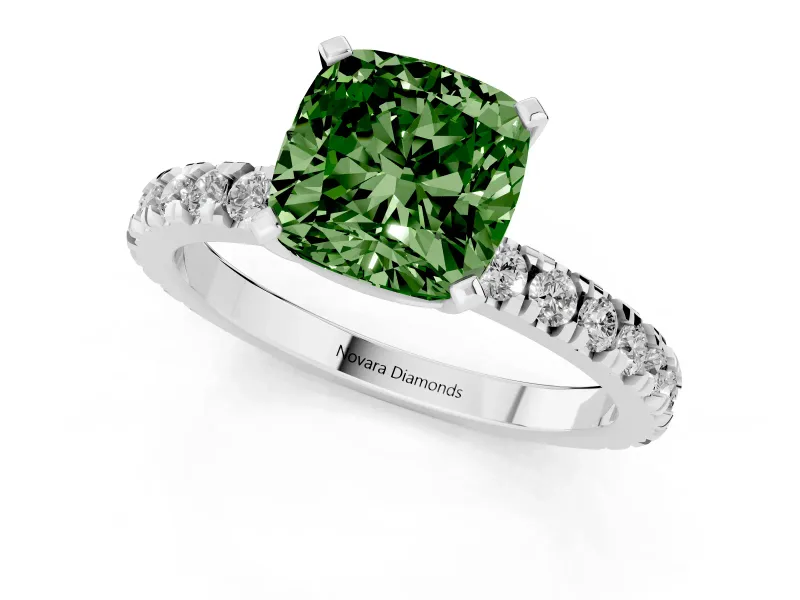 Cushion Cut Pavé Solitaire Engagement Ring Setting for a Fancy Green Lab-Grown Diamond | Platinum