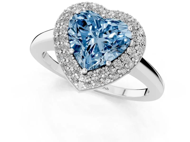 Fancy Blue Heart Cut Diamond Halo Engagement Ring Set in Silver with Solitaire Band and Prong Setting