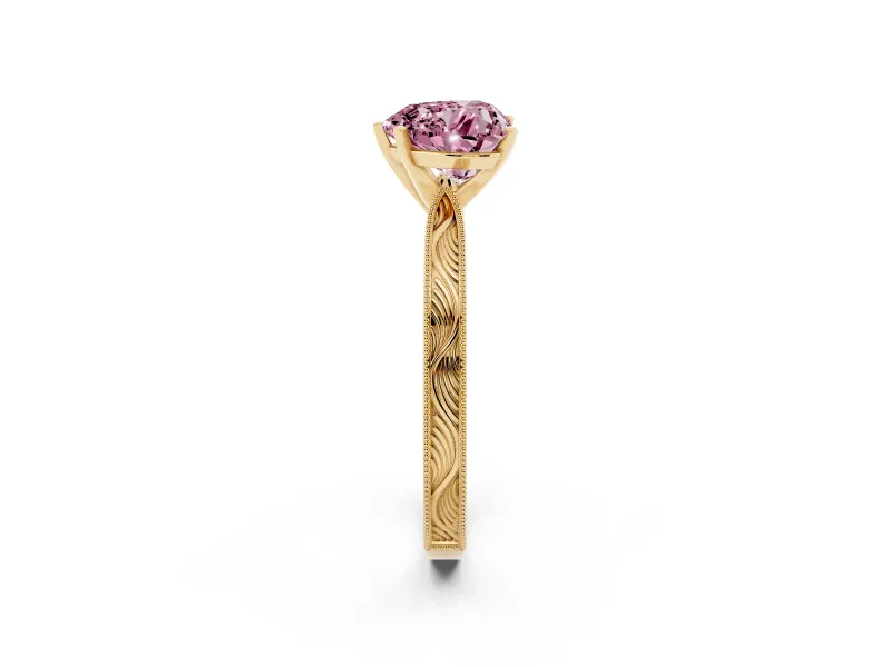 Fancy Pink Heart Cut Diamond Solitaire Milgrain Engraved Band Set in Yellow gold with Prong Setting