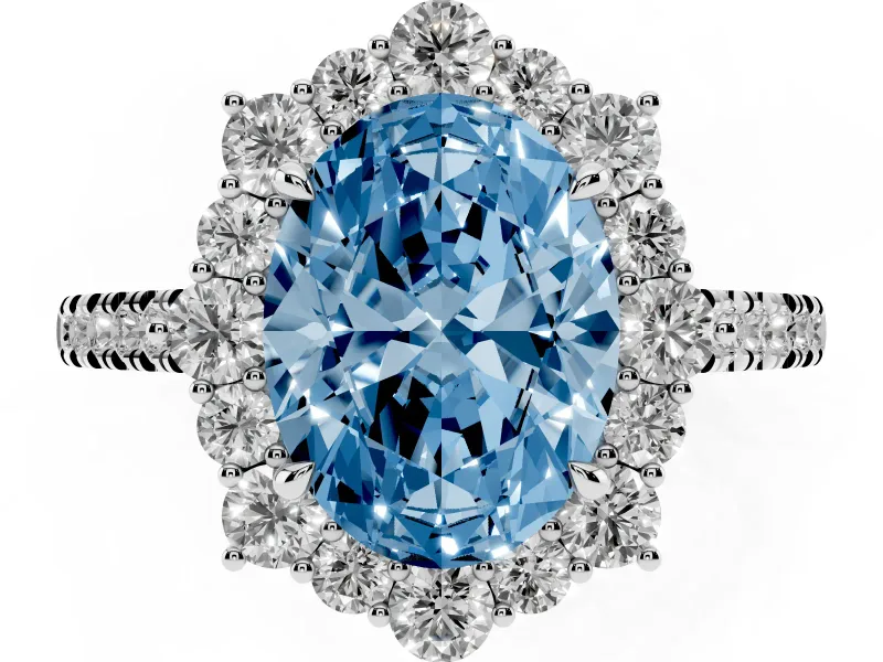 Oval Scalloped Halo Engagement Ring Setting for a Fancy Blue Lab-Grown Diamond | Single Row Pave | Sterling Silver