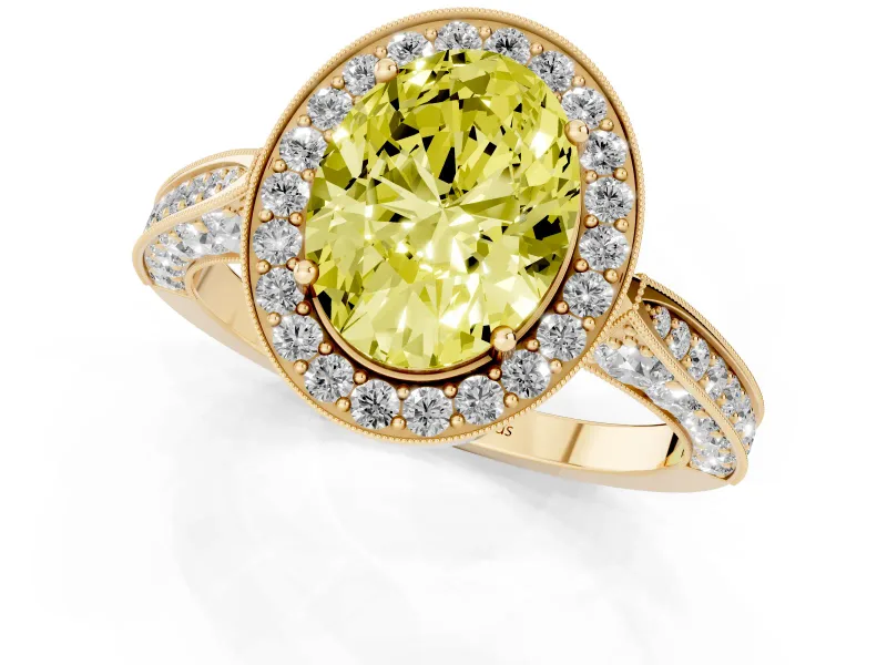 Oval Milgrain Halo Engagement Ring Setting for a Fancy Yellow Lab-Grown Diamond | Side Stones | Yellow Gold