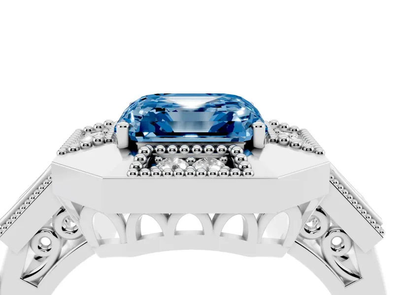 Fancy Blue Asscher Cut Diamond Milgrain Halo Ring Set in Platinum with Split Shank