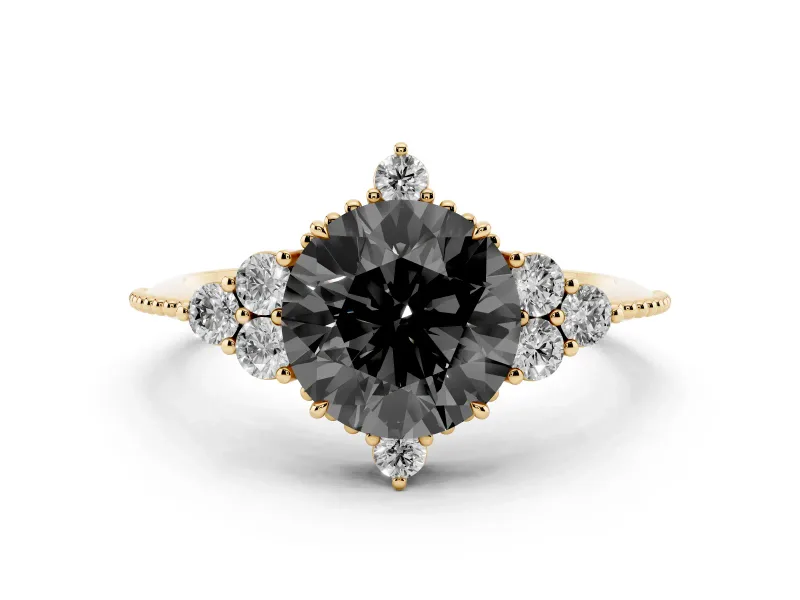 Fancy Black Round Cut Diamond Cluster Ring Set in Yellow gold with Beaded Band