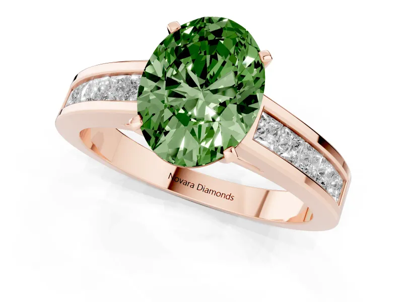 Fancy Green Oval Cut Diamond Solitaire Ring Set in Rose gold with Channel-Set Band and Prong Setting