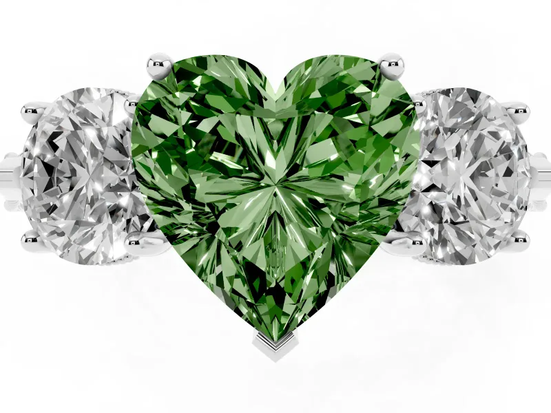 Fancy Green Heart Cut Diamond Three-Stone Ring Set in Silver with Milgrain Band