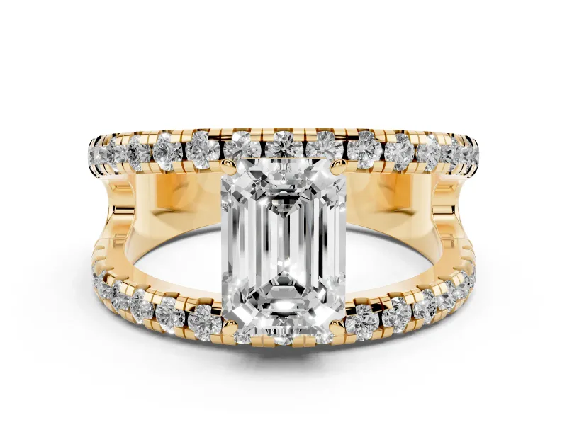 Emerald Cut Diamond Split Shank Pavé Solitaire Ring Set in Yellow gold with Open Shank Design