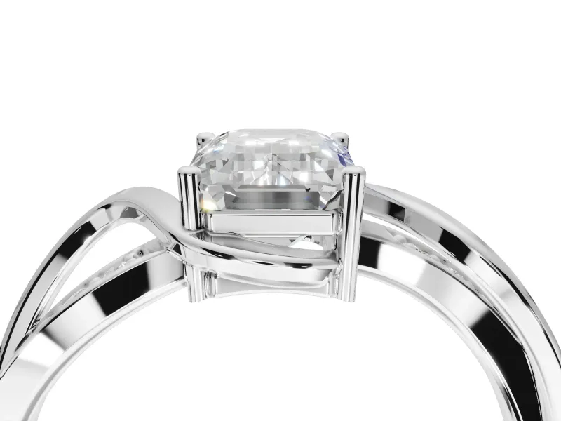 Emerald Cut Bypass Solitaire Engagement Ring Setting | Pavé and Plain Strands | Sterling Silver