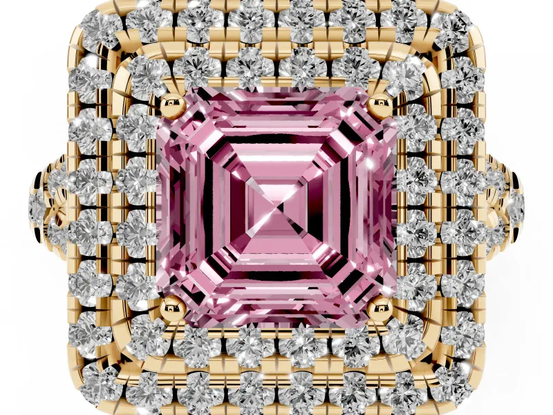 Asscher Cut Halo Split Shank Engagement Ring Setting for a Fancy Pink Lab-Grown Diamond | Pavé Strands | Yellow Gold