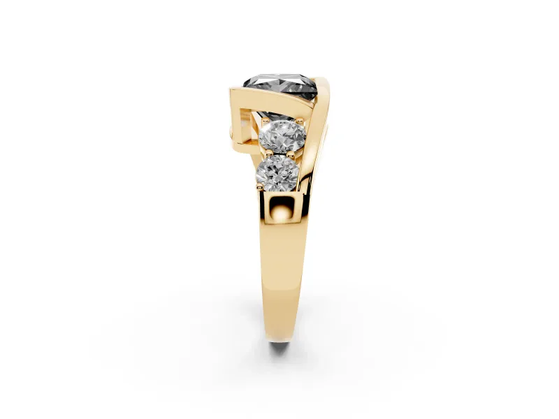 Fancy Black Princess Cut Diamond Bezel Bypass Ring Set in Yellow gold with Round Accents