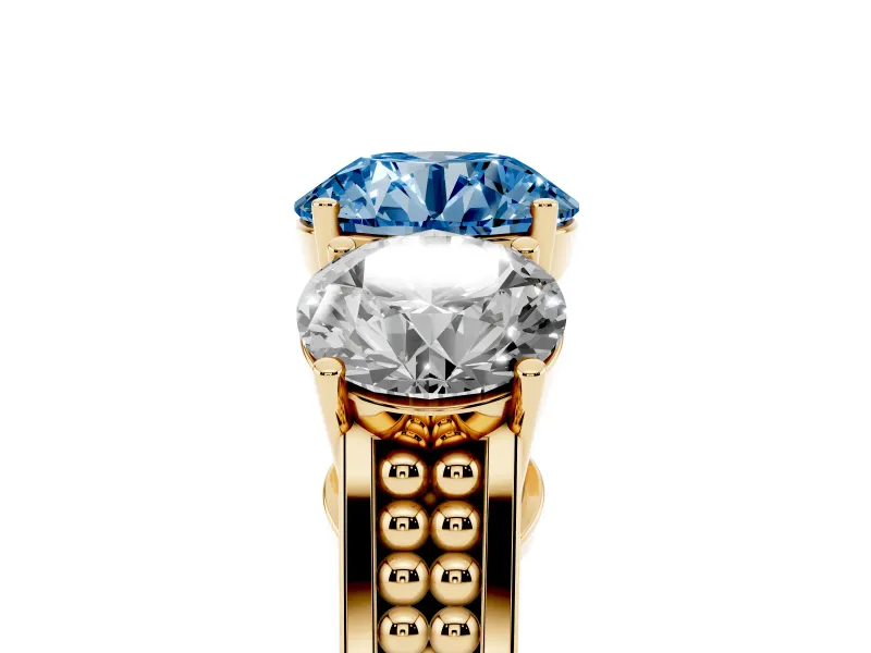 Round Engagement Ring Setting for a Fancy Blue Lab-Grown Diamond | Three Stone | Yellow Gold