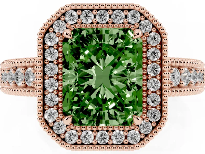 Fancy Green Radiant Cut Diamond Halo Ring Set in Rose gold with Round Accent Halo, Pavé Band and Prong Setting