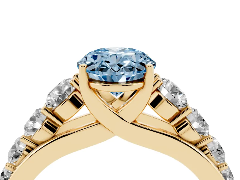 Oval Graduated Side Stone Engagement Ring Setting for a Fancy Blue Lab-Grown Diamond | Flat Top Band | Yellow Gold