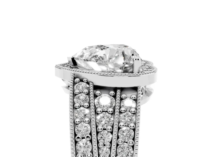 Heart Cut Diamond Halo Ring Set in Silver with Accent Split Shank and Prong Setting