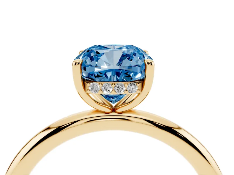 Cushion Cut Hidden Halo Ring Setting for a Fancy Blue Lab-Grown Diamond | Yellow Gold