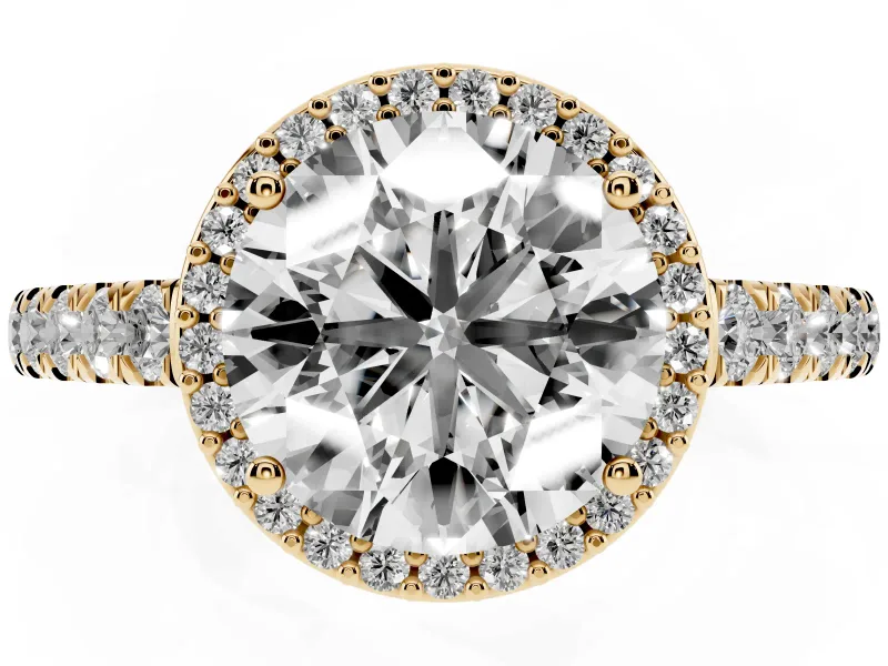 Round Cut Diamond Halo Engagement Ring Set in Yellow gold with Pavé Band and Prong Setting