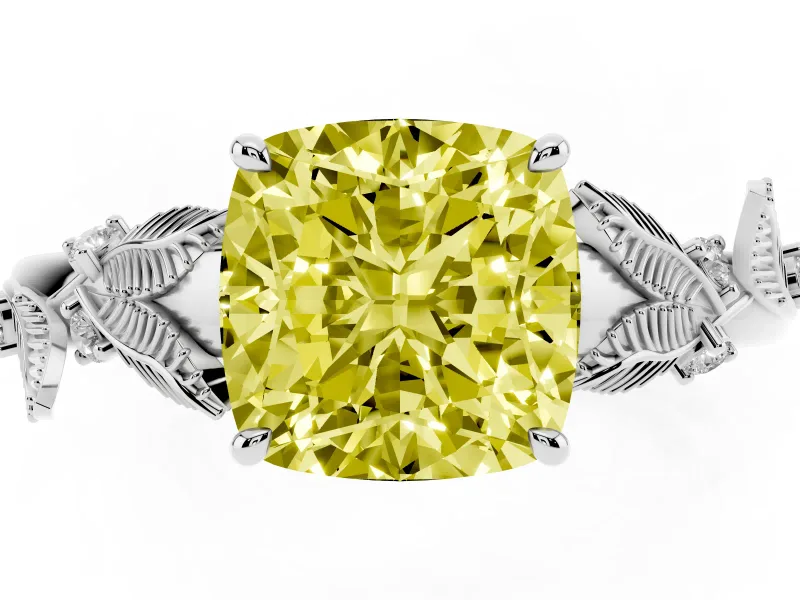 Cushion Cut Leaf Solitaire Engagement Ring Setting for a Fancy Yellow Lab-Grown Diamond | Sterling Silver