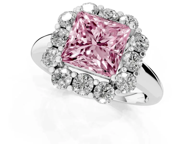 Princess Cut Graduated Milgrain Halo Engagement Ring Setting for a Fancy Pink Lab-Grown Diamond | Sterling Silver