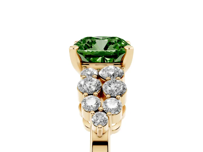 Fancy Green Cushion Cut Diamond Cluster Engagement Ring Set in Yellow gold with Pavé Band and Prong Setting