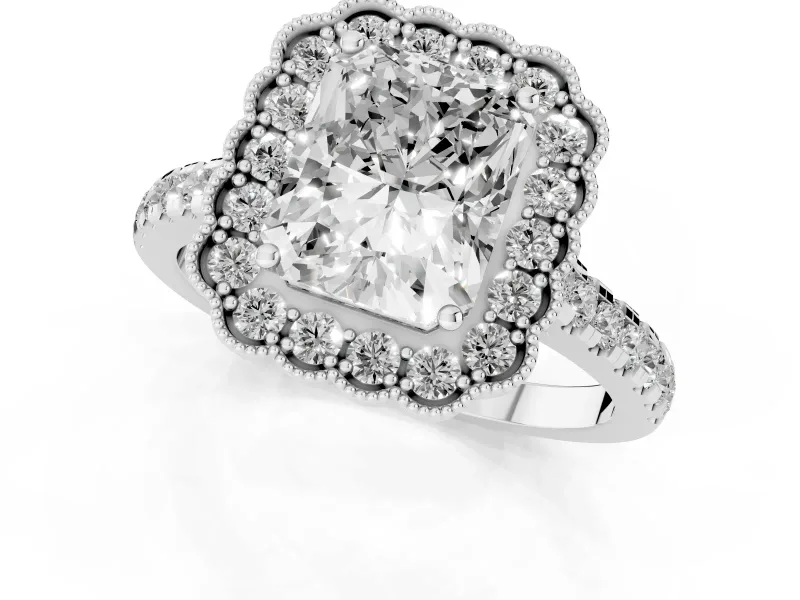 Radiant Cut Diamond Milgrain Floral Halo Engagement Ring Set in White gold with Pavé Band