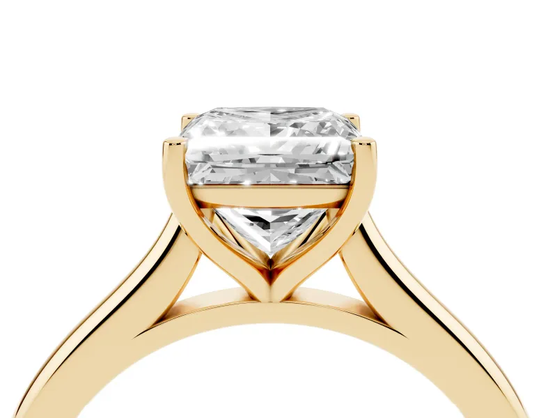Princess Cut Diamond Solitaire Ring Set in Yellow gold with Cathedral Band and Prong Setting