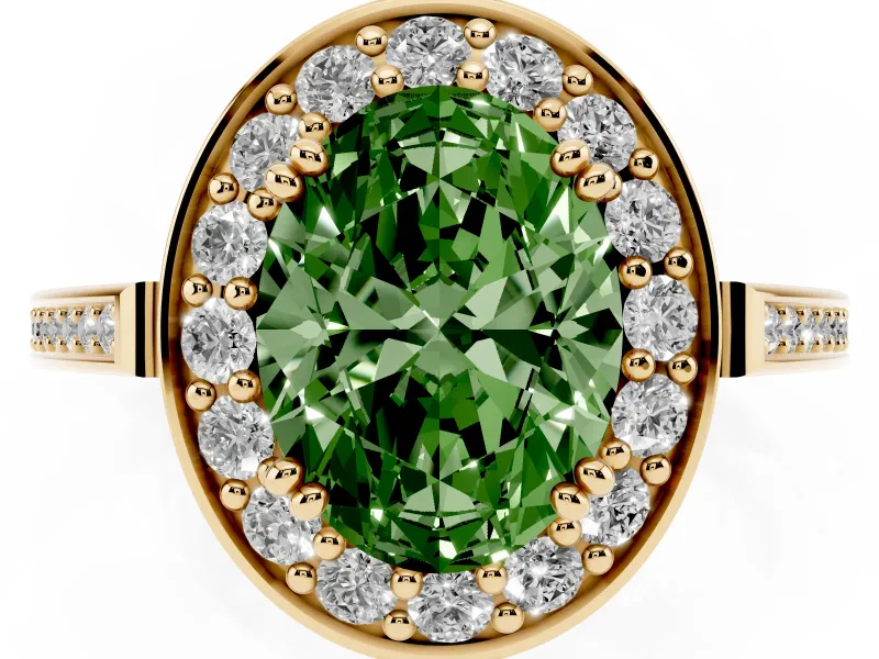 Oval Halo Engagement Ring Setting for a Fancy Green Lab-Grown Diamond | Polished Halo Rim | Yellow Gold