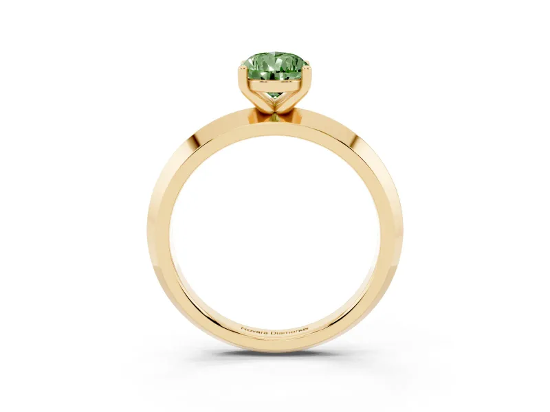 Fancy Green Pear Cut Diamond Solitaire Engagement Ring Set in Yellow gold with Flat Band and Prong Setting