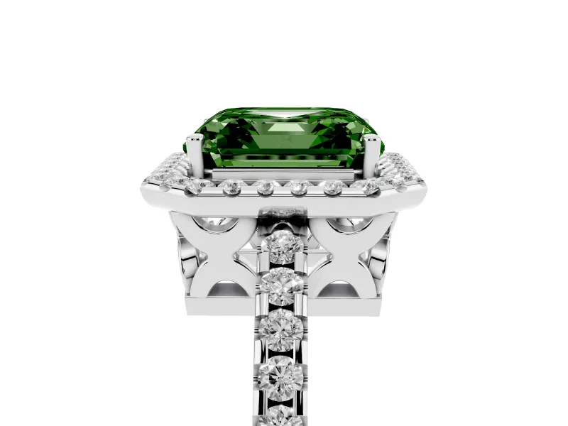 Asscher Cut Pave Halo Engagement Ring Setting for a Fancy Green Lab-Grown Diamond | Platinum