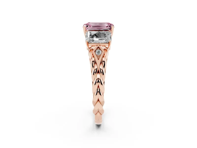 Emerald Cut Three Stone Engagement Ring Setting for a Fancy Pink Lab-Grown Diamond | Braided Band | Rose Gold