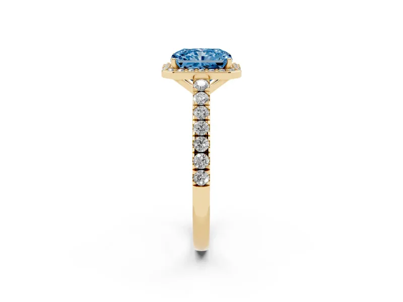 Radiant Cut Halo Pavé Engagement Ring Setting for a Fancy Blue Lab-Grown Diamond | Yellow Gold