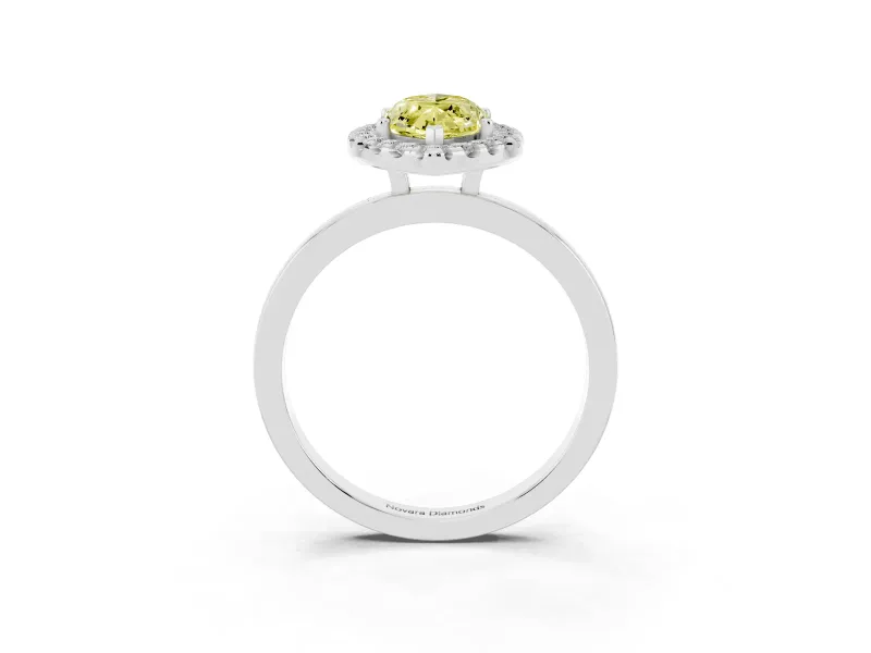 Fancy Yellow Marquise Cut Diamond Halo Solitaire Ring Set in White gold with Pavé Band and Prong Setting