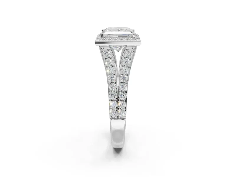Princess Cut Halo Pavé Engagement Ring Setting | Narrow Split Shank | White Gold