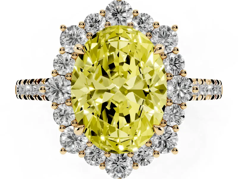 Oval Scalloped Halo Engagement Ring Setting for a Fancy Yellow Lab-Grown Diamond | Single Row Pave | Yellow Gold