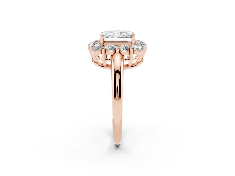 Radiant Cut Cluster Halo Engagement Ring Setting | Large Round Accents | Rose Gold