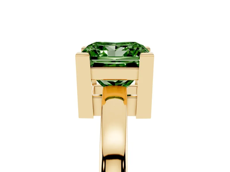 Fancy Green Princess Cut Diamond Solitaire Ring Set in Yellow gold with Prong Head and Smooth Polished Band