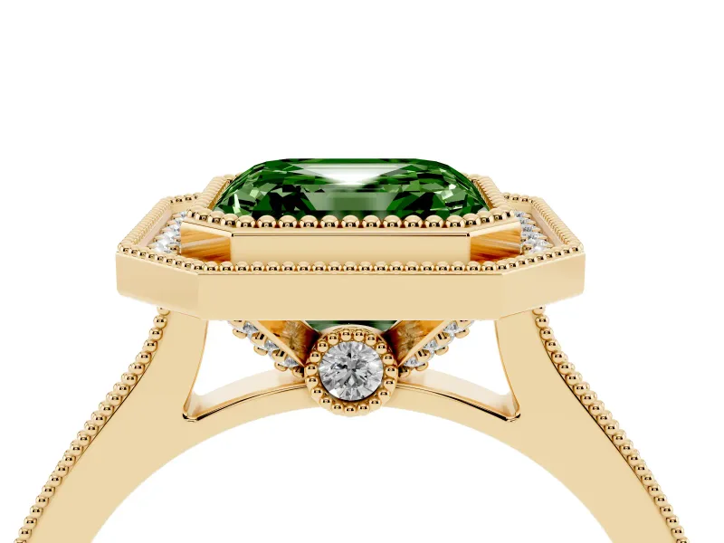 Asscher Cut Vintage Milgrain Halo Engagement Ring Setting for a Fancy Green Lab-Grown Diamond | Bezel Head | Yellow Gold