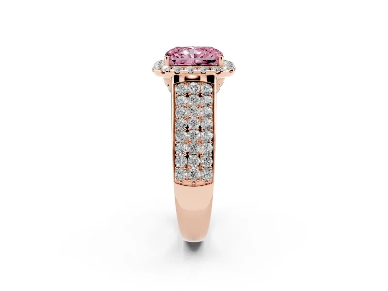 Radiant Cut Pavé Engagement Ring Setting for a Fancy Pink Lab-Grown Diamond | Wide Three-Row Band | Rose Gold