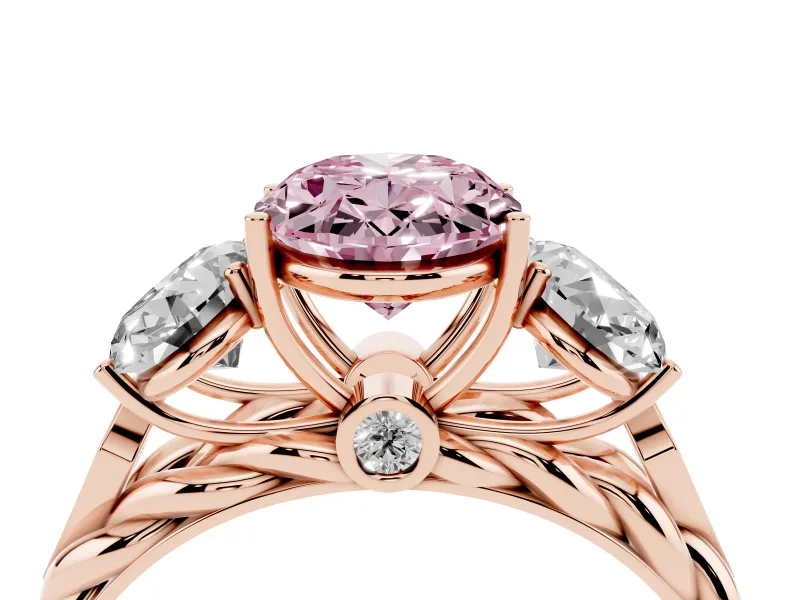 Fancy Pink Oval Cut Diamond Three-Stone Ring Set in Rose gold with Braided Band