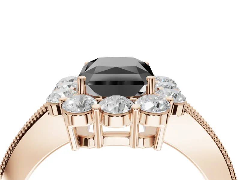 Fancy Black Radiant Cut Lab-Grown Diamond Halo Pavé Engagement Ring Set in Rose Gold with Milgrain Detailing