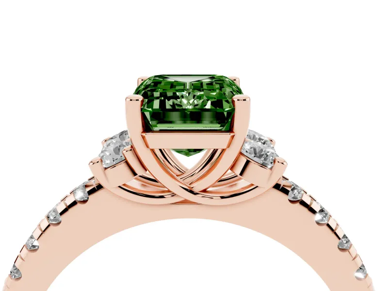 Emerald Cut Side Stone Engagement Ring Setting for a Fancy Green Lab-Grown Diamond | Pave Band | Rose Gold