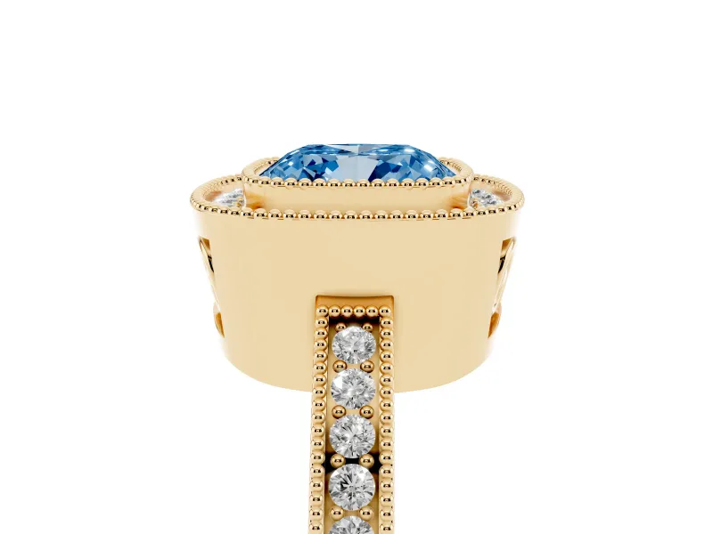 Cushion Cut Milgrain Halo Engagement Ring Setting for a Fancy Blue Lab-Grown Diamond | Yellow Gold