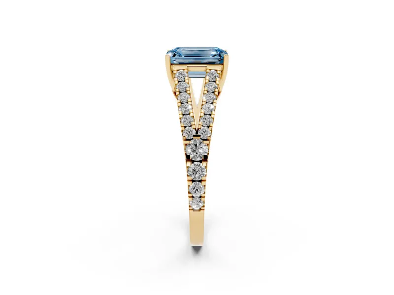 Emerald Cut Graduated Split Shank Engagement Ring Setting for a Fancy Blue Lab-Grown Diamond | Yellow Gold