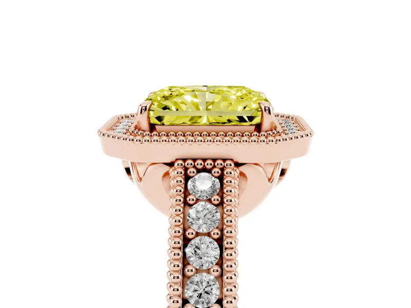 Fancy Yellow Radiant Cut Diamond Halo Ring Set in Rose gold with Round Accent Halo, Pavé Band and Prong Setting