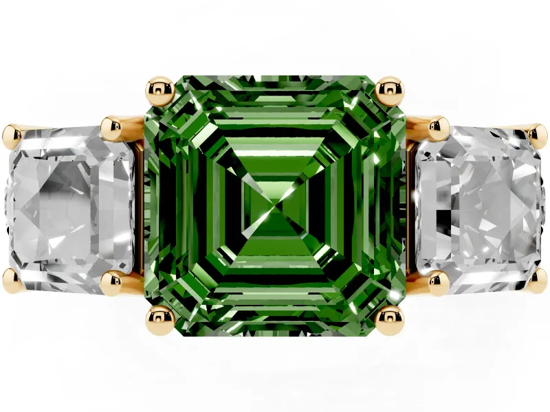Asscher Cut Three Stone Engagement Ring Setting for a Fancy Green Lab-Grown Diamond | Accented Shoulders | Yellow Gold