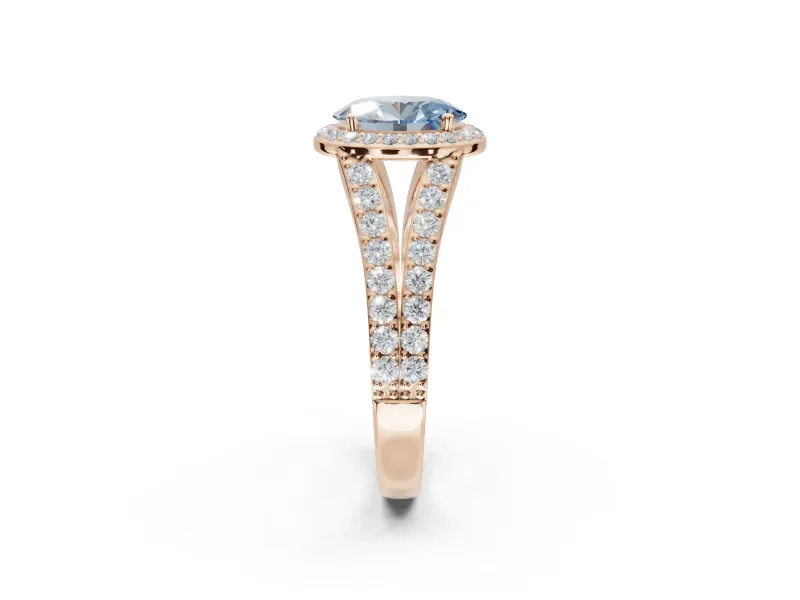 Oval Halo Pavé Engagement Ring Setting for a Fancy Blue Lab-Grown Diamond | Narrow Split Shank | Rose Gold