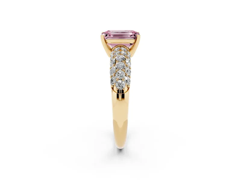 Emerald Cut Multi Row Pave Engagement Ring Setting for a Fancy Pink Lab-Grown Diamond | Yellow Gold