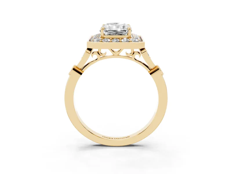 Radiant Cut Vintage Halo Engagement Ring Setting | Bezel Station Shoulders | Yellow Gold